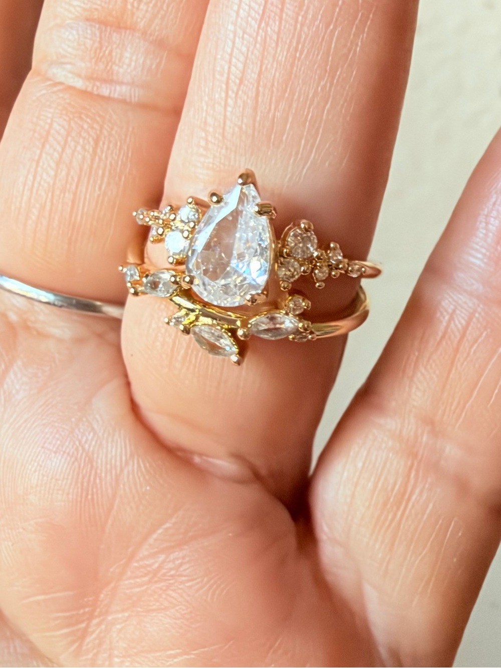 Gold Pear-Cut CZ Stacked Ring Set - Women's Fashion Jewelry
